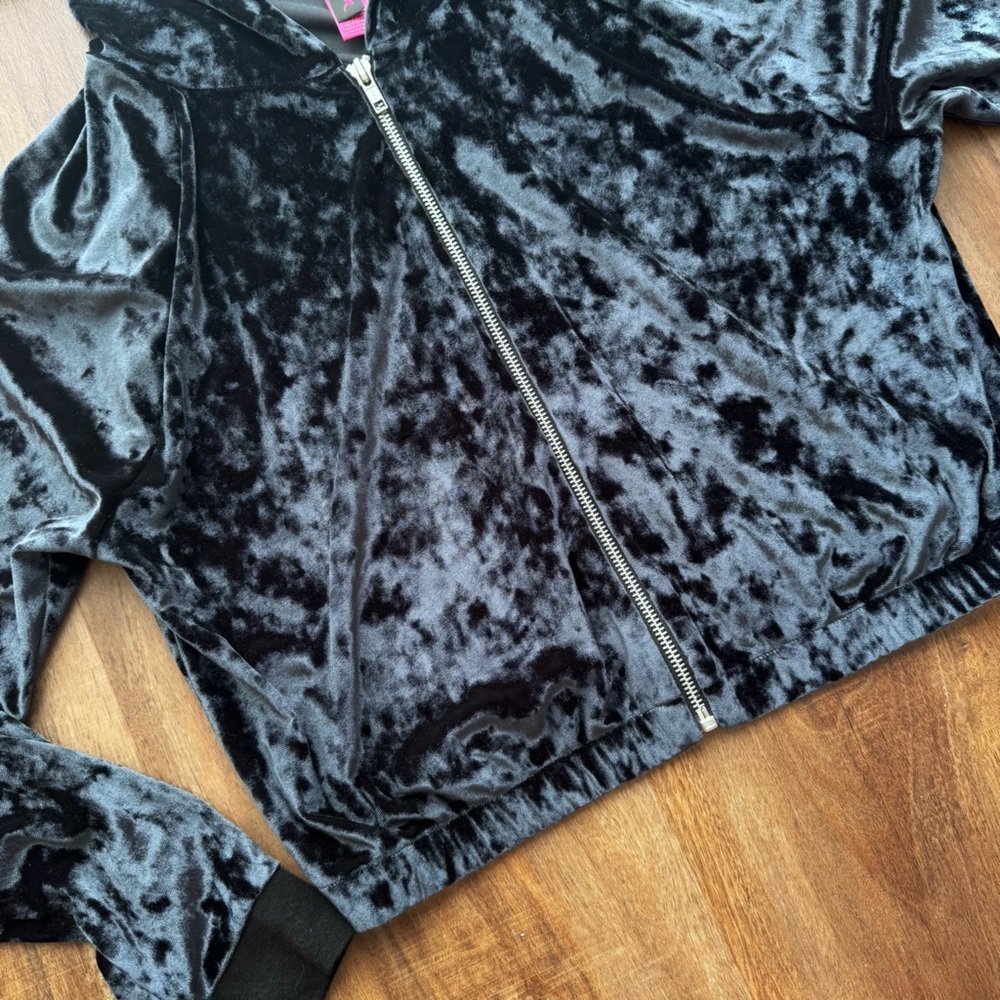 La Senza Black Crushed Velvet Velour Full Zip Cropped Y2K Track Sweater M - Picture 7 of 11